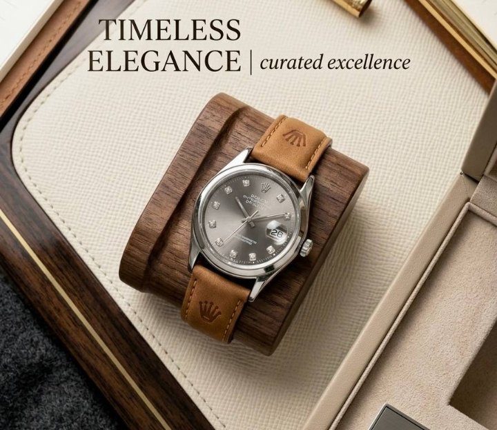 هذه ساعة رولكس ديت جست (Rolex Datejust) ذات ميناء رمادي بمؤشرات ألماس وسوار جلدي بني.